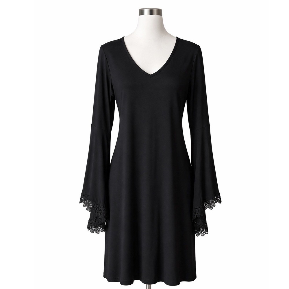MSK Black Bell Sleeve V-Neck Shift Dress with Sheer Mesh Lace Trim Size‎ M